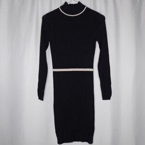 Une Heures Silk Sweater Dress XS Black Stretch Rib Knit Mock Neck Long Sleeve